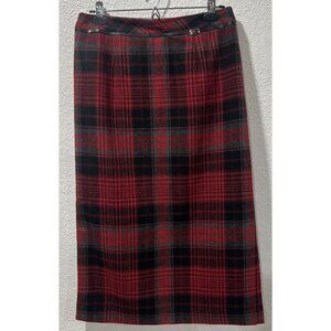Worthington Vintage Classic Pencil Skirt Red Plaid  Buckle Kick Pleat Sz 8p Goth
